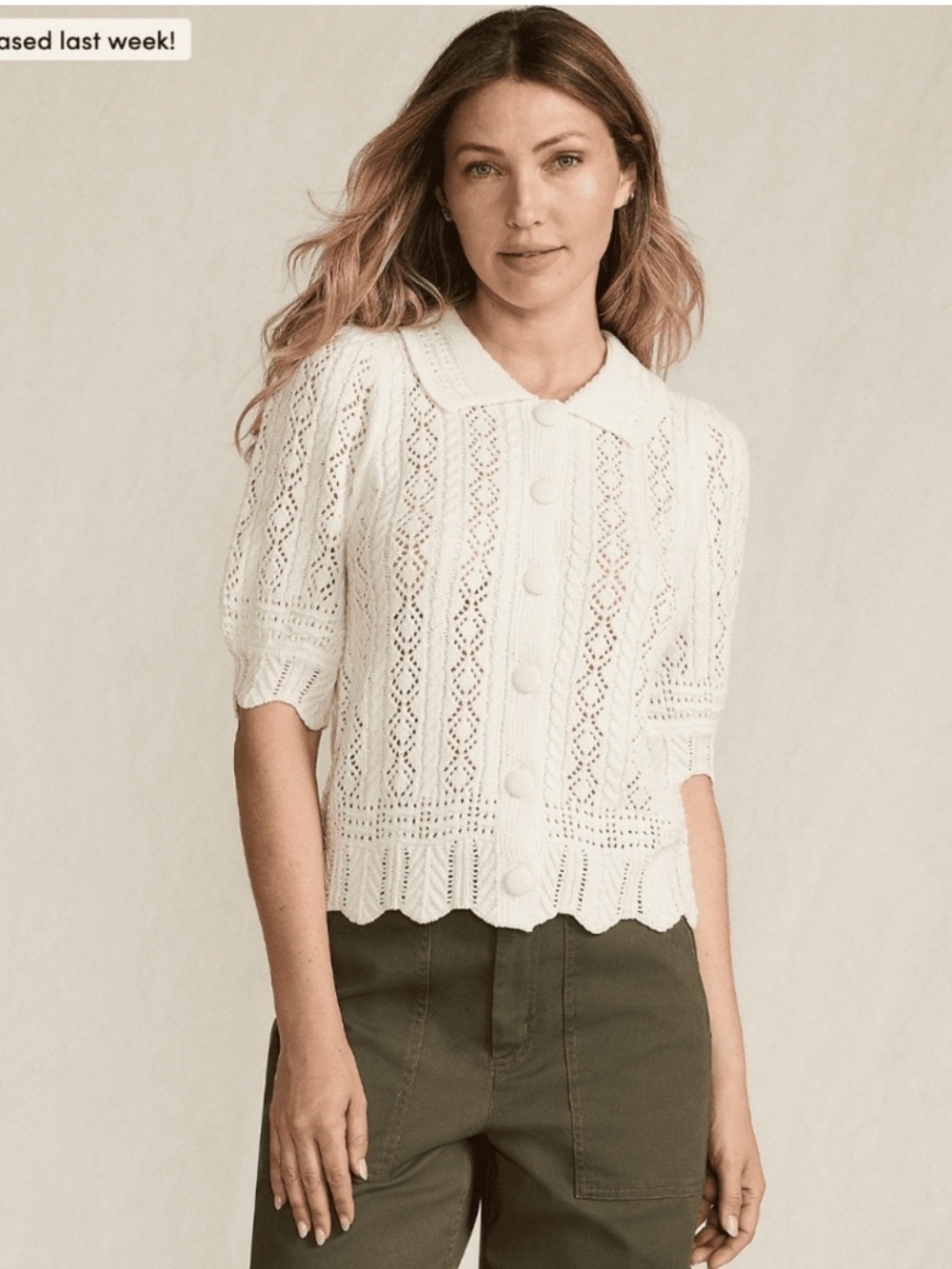 Lands' End Lace Pointelle Puff Sleeve Cardigan Sweater Knit Button Top Size XL